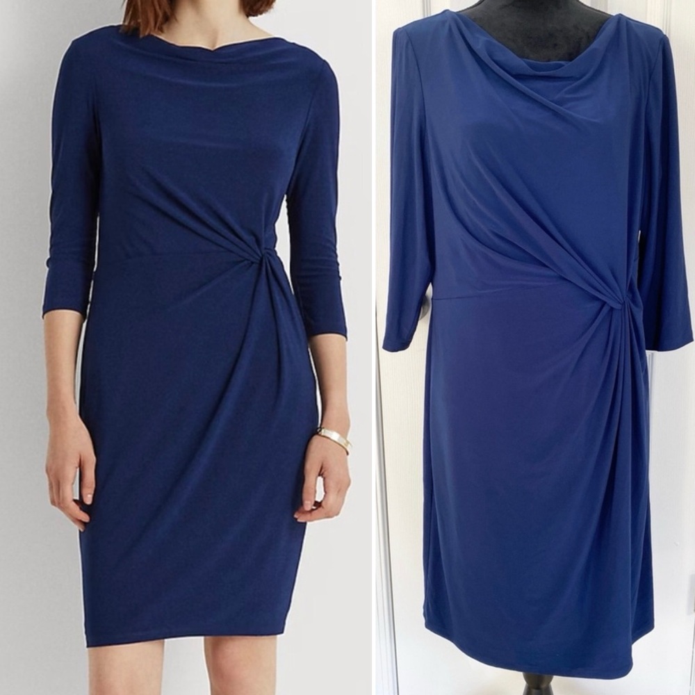 Lauren Ralph Lauren Black Label NEW Twisted-Knot Midi Dress Blue Women’s 16